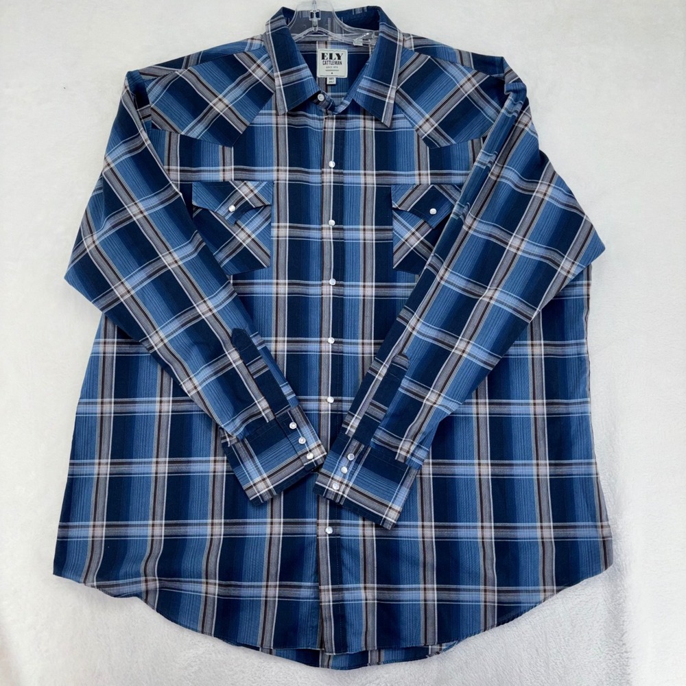 Ely Cattleman Mens Blue Plaid Western Snap Front Shirt Tall 3XLT Long Sleeve